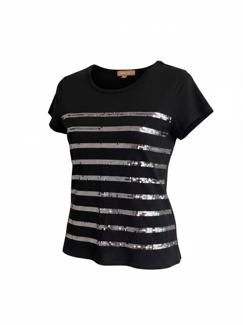 Ellen Tracy Black Stripe Sequin Basic Crew Neck Short Sleeveโ Modal T-Shirt - M